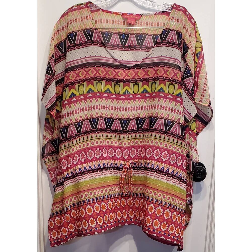 SUNNY Leigh Relaxed Flowy Bohemian Boho Blouse Top Semi-Sheer Cover Up Large